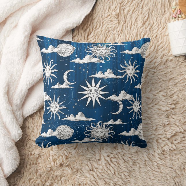 Vintage Sun Moon Celestial Pattern Throw Pillow (Blanket)