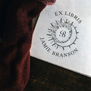 Vintage Sun & Moon Initial Round Ex Libris Book Self-inking Stamp