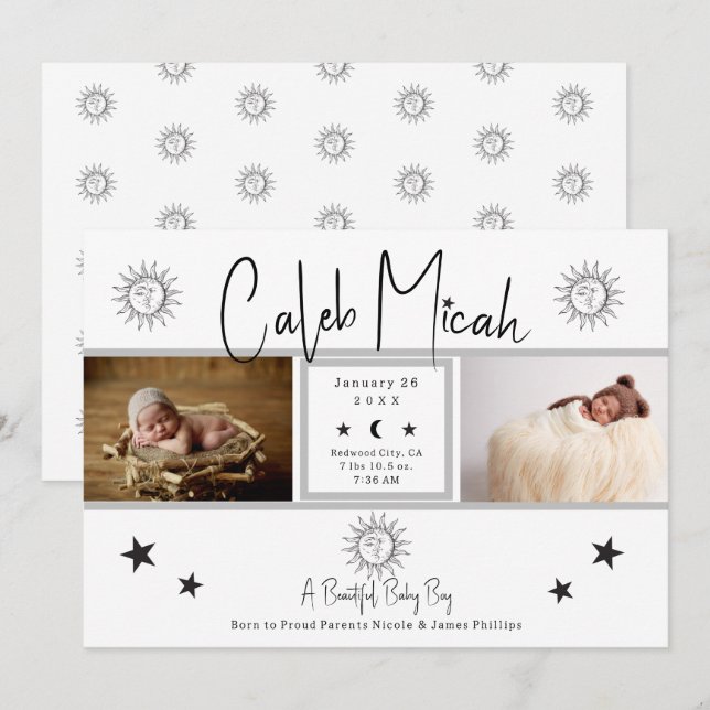 Vintage Sun & Moon Photo Baby Birth Announcement (Front/Back)