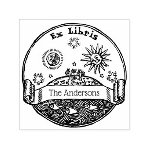 Vintage Sun Moon Stars Ocean Earth Ex Libris Self-inking Stamp