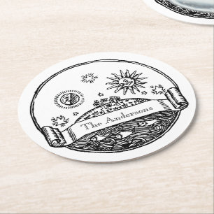 Vintage Sun Moon Stars Ocean Planet Earth Drawing Round Paper Coaster