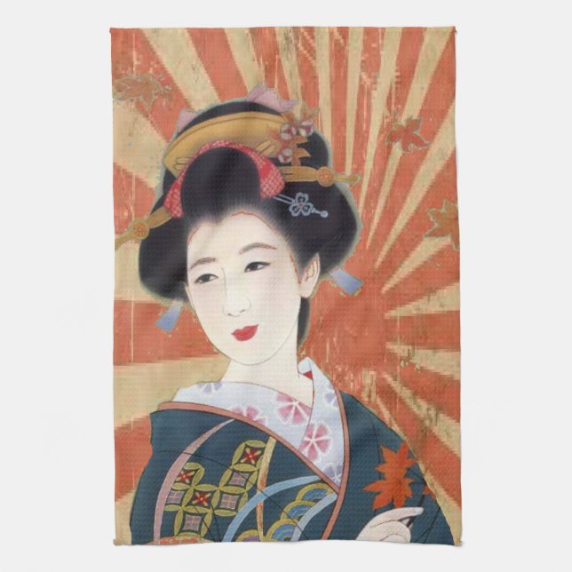 Vintage Sun Rays Japanese Geisha Retro Kitchen Towel (Vertical)