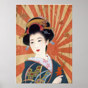 Vintage Sun Rays Japanese Geisha Retro Poster