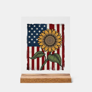 Vintage Sunflower American Flag Acrylic Sign