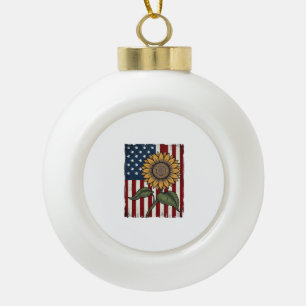 Vintage Sunflower American Flag Ceramic Ball Christmas Ornament