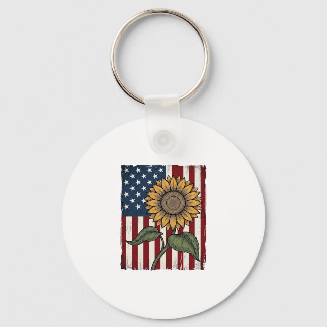 Vintage Sunflower American Flag Keychain (Front)