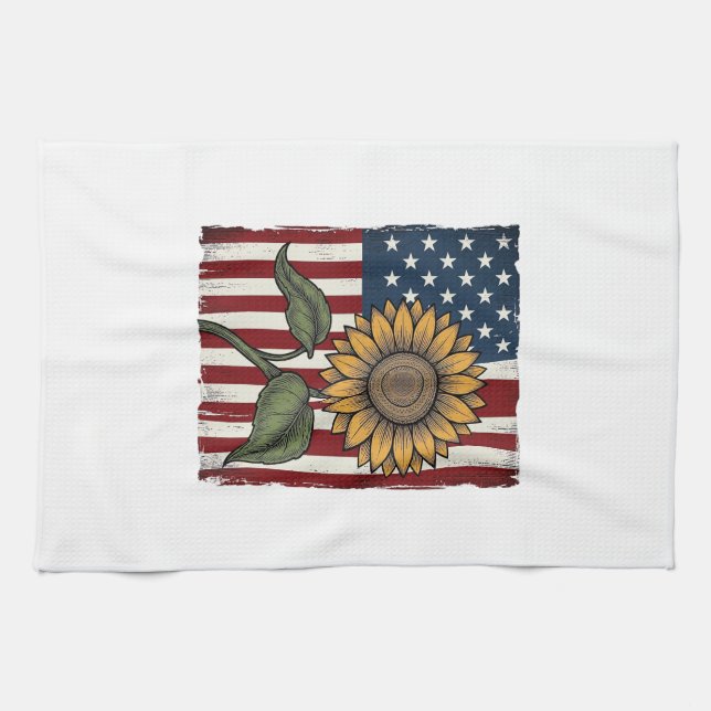 Vintage Sunflower American Flag Kitchen Towel (Horizontal)