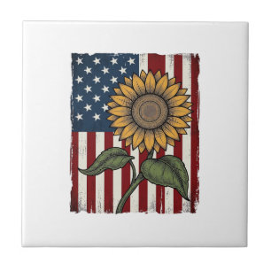 Vintage Sunflower American Flag Tile