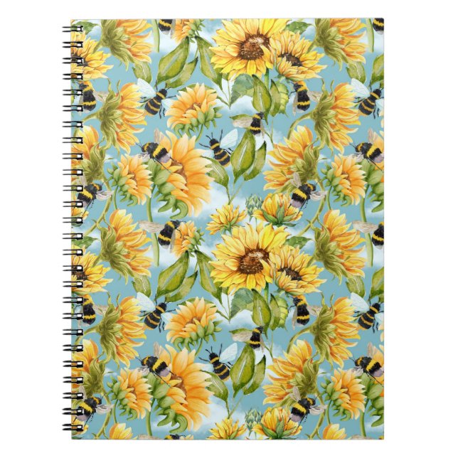 Vintage Sunflower And Bees Seamless Pattern Notebook (Front)
