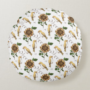 Vintage Sunflower & Birds Vintage Botanical Floral Round Pillow