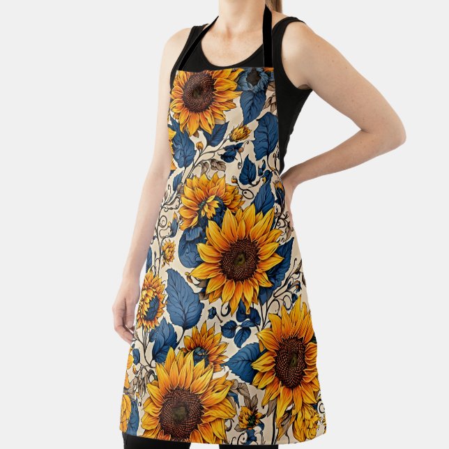 Vintage Sunflower Blue Leaf Aesthetic Kitchen  Apron (Insitu)