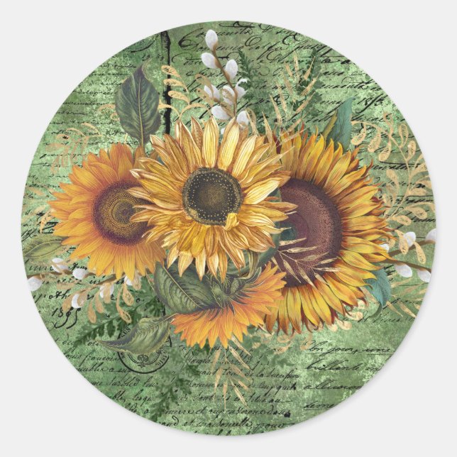 Vintage Sunflower Bouquet Green Ephemera  Classic Round Sticker (Front)