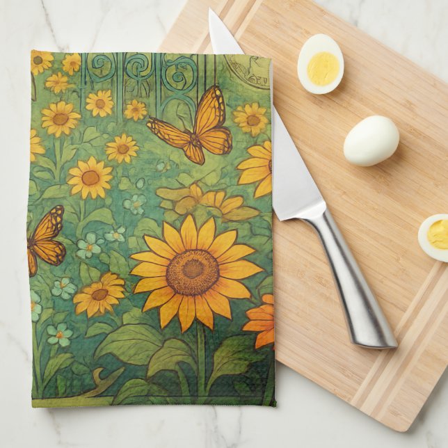 Vintage Sunflower Garden Butterflies Art Nouveau Kitchen Towel (Quarter Fold)