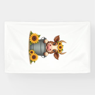 Vintage Sunflower Highland Cow in Bucket Floral Fa Banner