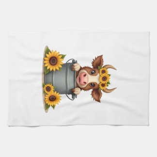 Vintage Sunflower Highland Cow in Bucket Floral Fa Kitchen Towel