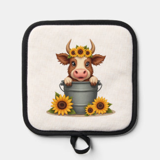 Vintage Sunflower Highland Cow in Bucket Floral Fa Pot Holder