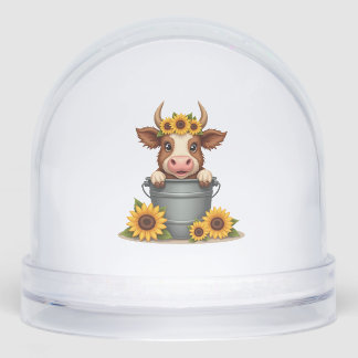 Vintage Sunflower Highland Cow in Bucket Floral Fa Snowglobe