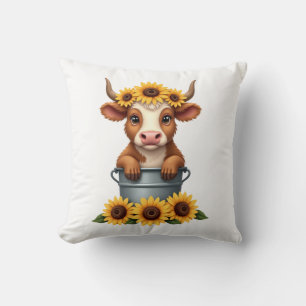 Vintage Sunflower Highland Cow in Bucket Floral Fa Throw Pillow