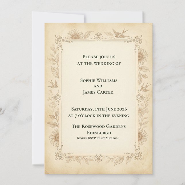 Vintage Sunflower Line Art Wedding Invitation (Front)