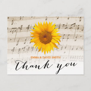 Vintage Sunflower & Music Sheet Wedding Thank You Postcard