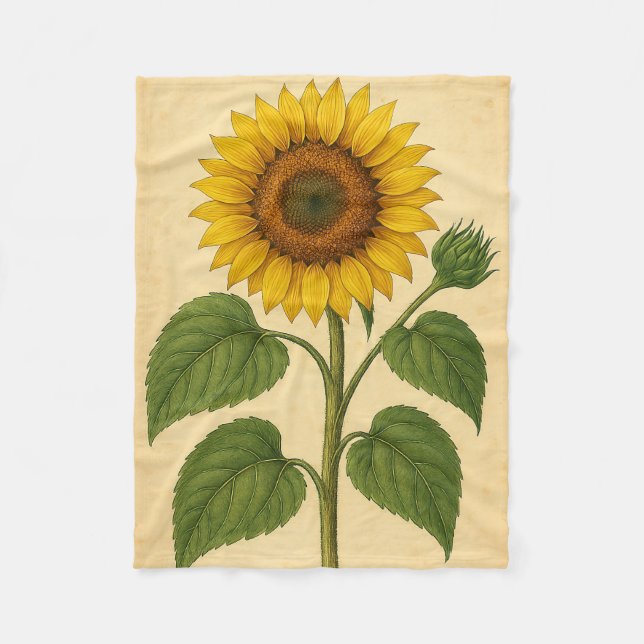 Vintage Sunflower on Weathered Paper Fleece Blanket (Front)