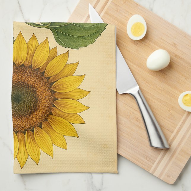 Vintage Sunflower on Weathered Paper Kitchen Towel (Quarter Fold)