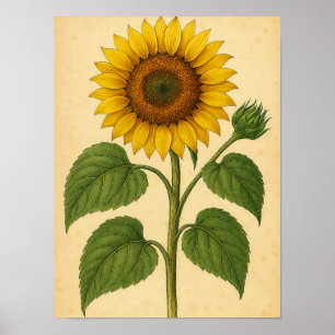 Vintage Sunflower on Weathered Paper Poster