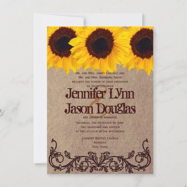 Vintage Sunflower Rustic Wedding Invitations (Front)