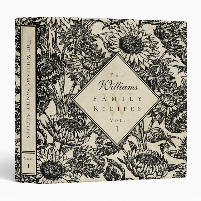 Vintage Sunflower Toile Black Recipe Binder (Front/Spine)