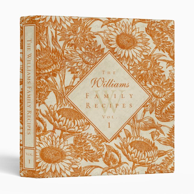 Vintage Sunflower Toile Burnt Orange Recipe Binder (Front/Spine)