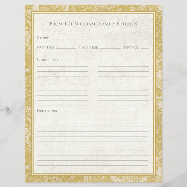 Vintage Sunflower Toile Gold Recipe Paper Sheet (Front)