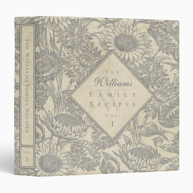 Vintage Sunflower Toile Grey Recipe Binder (Front/Spine)