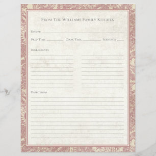 Vintage Sunflower Toile Rose Recipe Paper Sheet