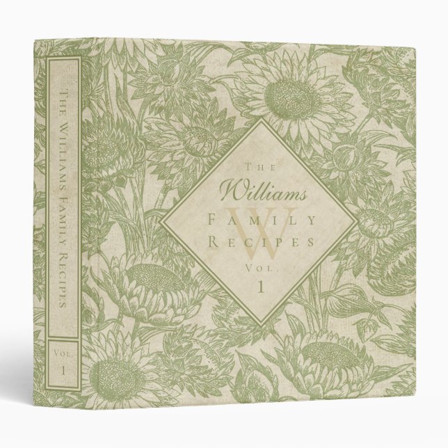 Vintage Sunflower Toile Sage Green Recipe Binder (Front/Spine)