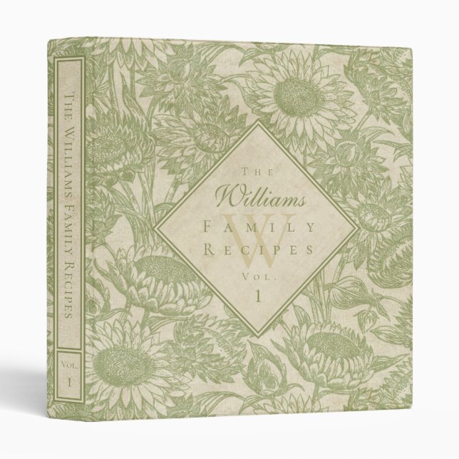 Vintage Sunflower Toile Sage Green Recipe Binder (Front/Spine)