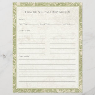 Vintage Sunflower Toile Sage Recipe Paper Sheet