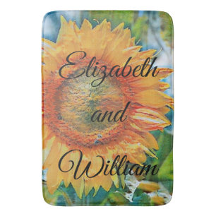 Vintage Sunflower Watercolor Green Blue Background Bath Mat