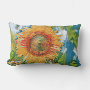 Vintage Sunflower Watercolor Green Blue Background Lumbar Pillow