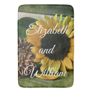 Vintage Sunflower Watercolor on a Wooden Table Bath Mat