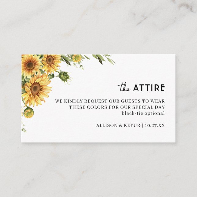 Vintage Sunflower Wedding Attire Dress Code Cards (Front)