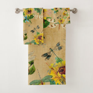 Vintage Sunflowers and Dragonflies  Bath Towel Set