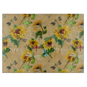 Vintage Sunflowers and Dragonflies  Cutting Board