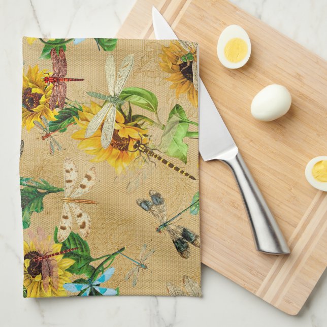 Vintage Sunflowers and Dragonflies   Kitchen Towel (Quarter Fold)