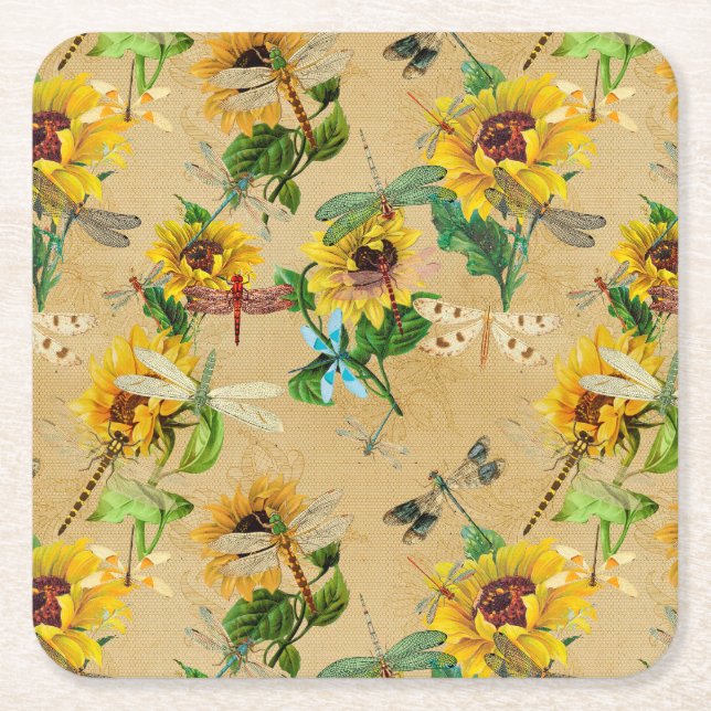 Vintage Sunflowers and Dragonflies  Square Paper Coaster (Front)