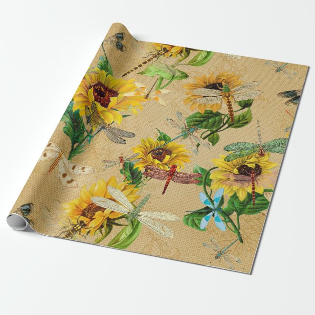 Vintage Sunflowers and Dragonflies Wrapping Paper (Unrolled)