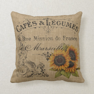 Vintage Sunflowers Burlap Throw Pillow