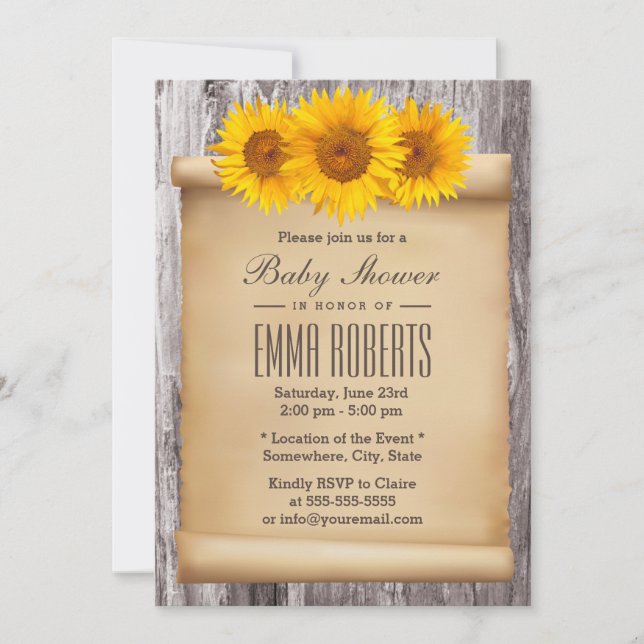 Vintage Sunflowers Old Scroll Wood Baby Shower Invitation (Front)