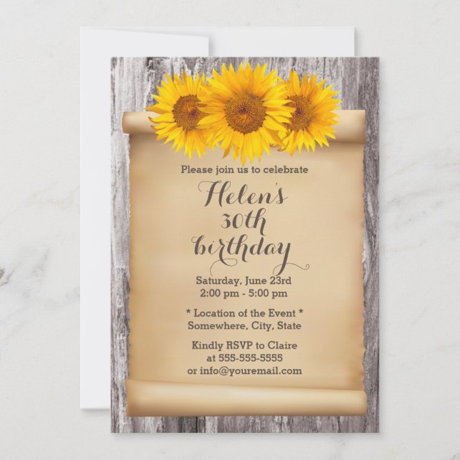 Vintage Sunflowers Old Scroll Wood Birthday Party Invitation (Front)