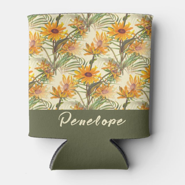 Vintage Sunflowers Pattern With Name Bridesmaid  Can Cooler (Front)