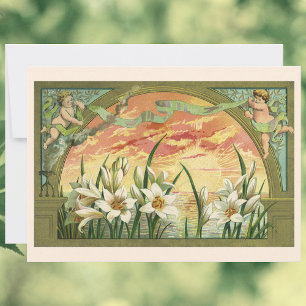 Vintage Sunrise Easter Lilies and Victorian Angels Holiday Card